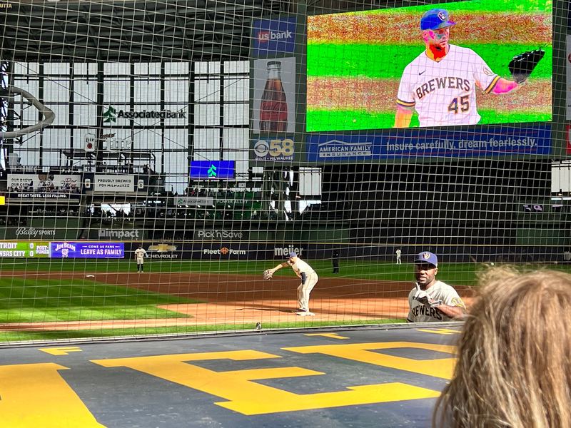 The infield and the main scoreboard at American Family Field during warm-ups