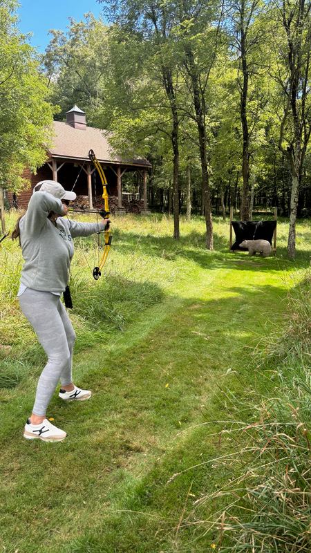 An archer drawing a bow in a meadow, the target set among long grass with woods behind