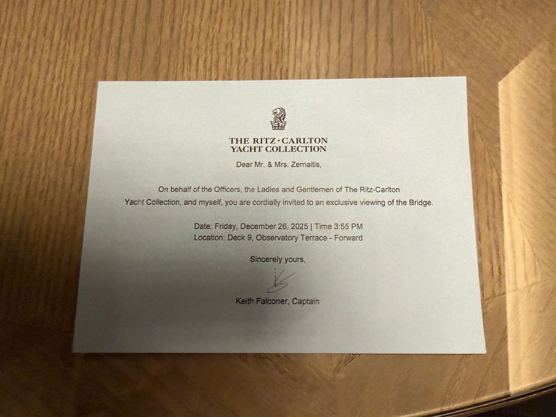 A printed invitation card from the Captain of Ilma to a viewing of the bridge on Deck 9