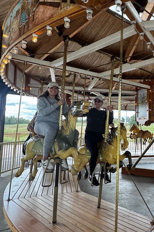 Two riders on the carousel horses, the meadow behind