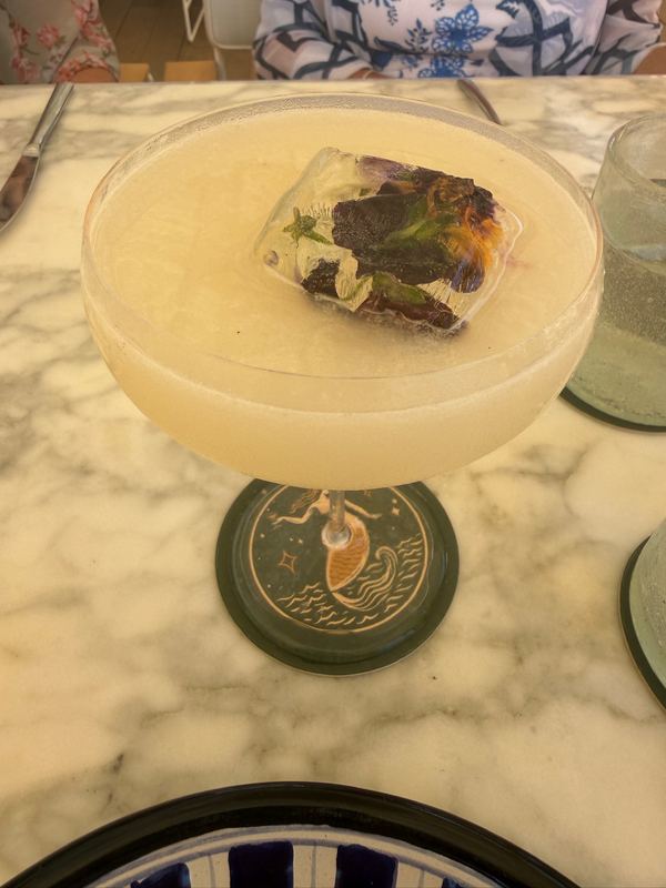 A cocktail with a flower frozen into the ice.