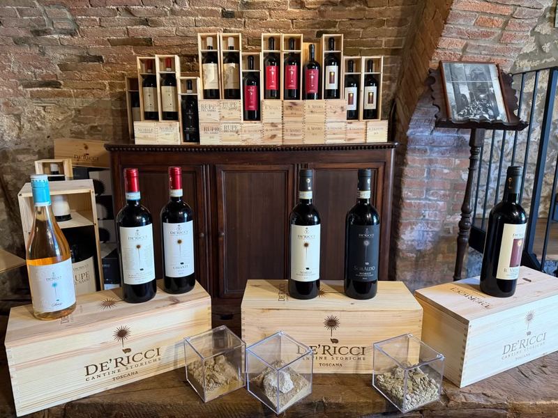 De Ricci wines set out for a tasting in the cellar