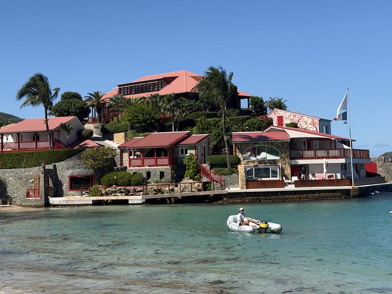 Eden Rock's red roofs over the turquoise of St. Jean Bay
