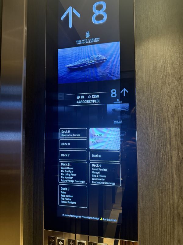 The deck directory on the screen in a lift, listing the venues on each of the ship's decks