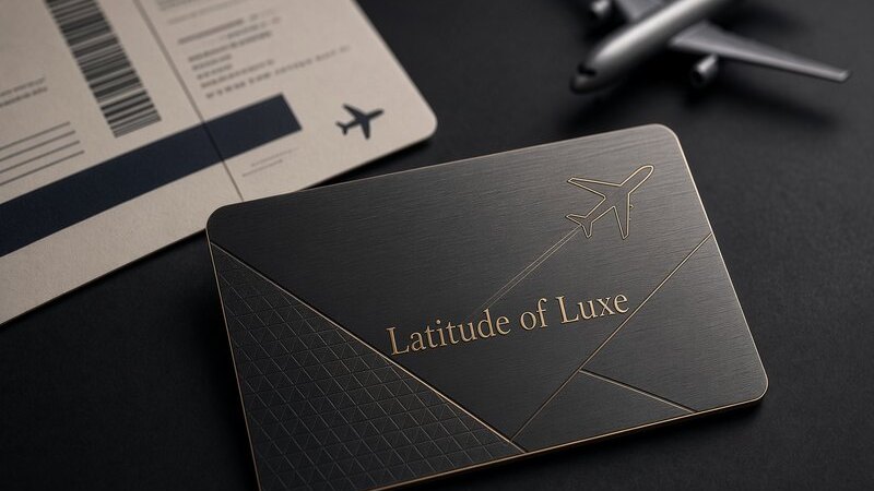 A brushed black Latitude of Luxe card with a gold aircraft motif, beside a boarding pass and a model airliner