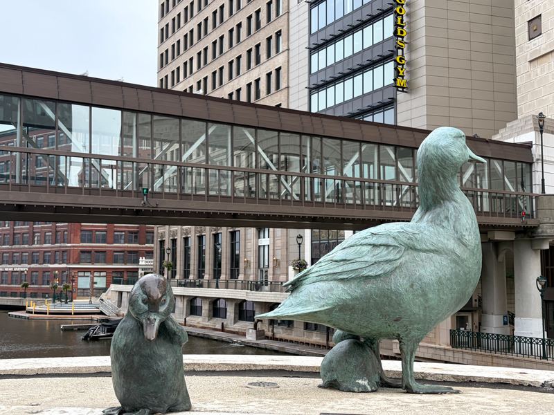 Gertie the Duck and her duckling in bronze on the Wisconsin Avenue bridge