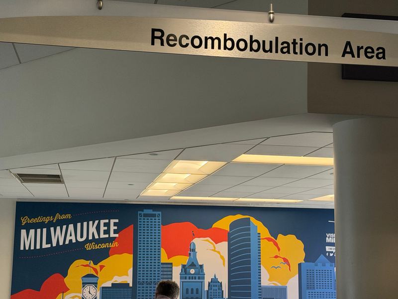 The Recombobulation Area sign past security at Milwaukee Mitchell airport