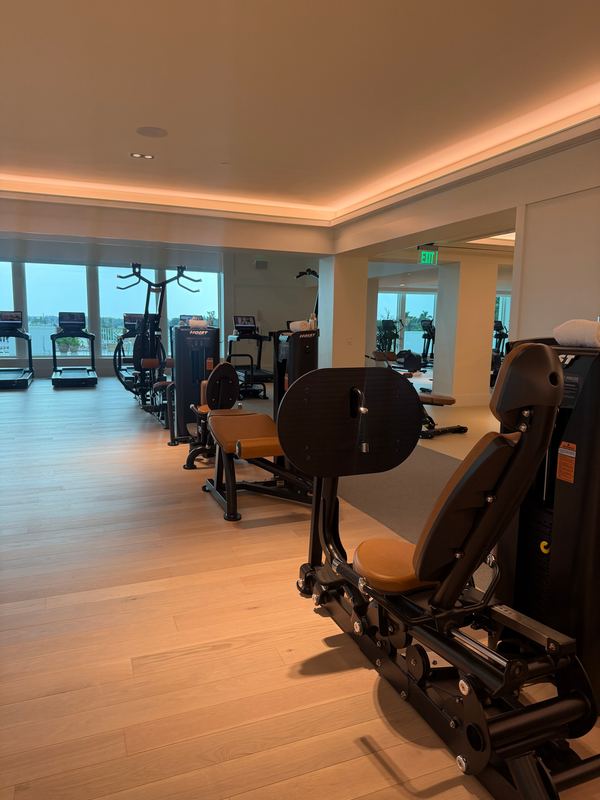 The fitness room: strength machines facing the windows