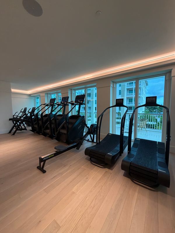 Curved treadmills and rowers along the windows
