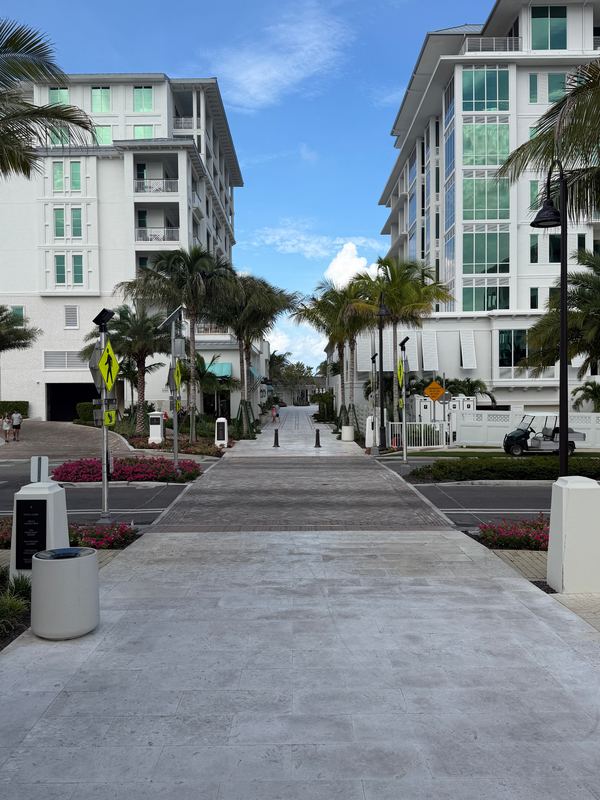 The street from the resort towers down to the beach