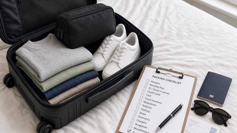 An open carry-on packed with folded clothes and shoes, beside a packing checklist on a clipboard, a passport and sunglasses