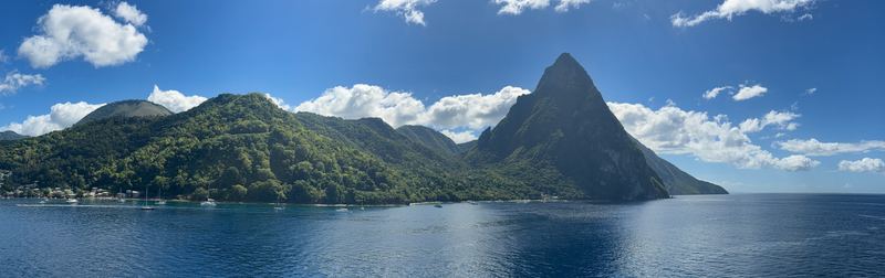 A panorama of the two Pitons rising from the sea, St. Lucia