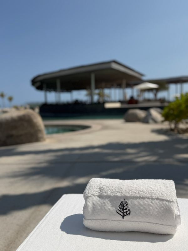 A rolled towel on a pool lounger.