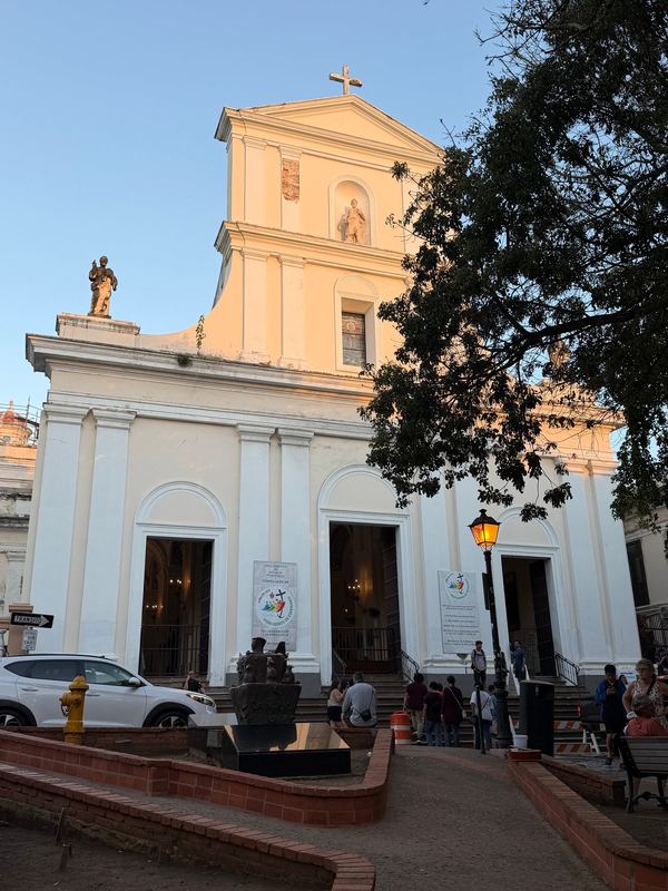 The Cathedral of San Juan Bautista with Jubilee banners at the doors