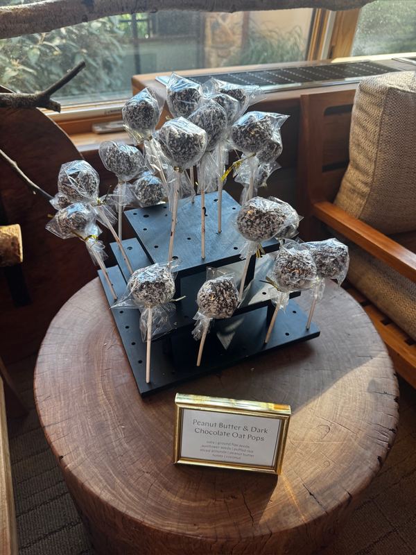 A stand of chocolate protein balls on sticks on a wooden table by a window in the spa