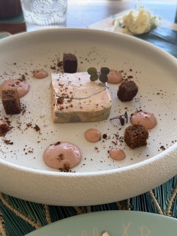 A slice of terrine in a shallow ceramic bowl, dotted with pink purée, cubes of toasted bread and micro-greens, seen from above