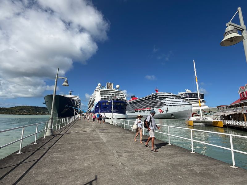 The long cruise pier at St. John's, Antigua, with three large cruise ships alongside