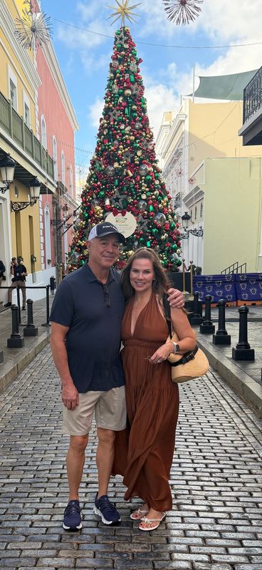 Steve and Jeannie in front of the Christmas tree in Old San Juan
