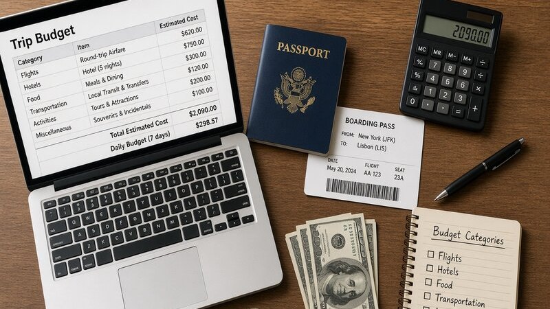 A trip budget spreadsheet on a laptop beside a passport, boarding pass, calculator, cash and a handwritten budget-categories notepad